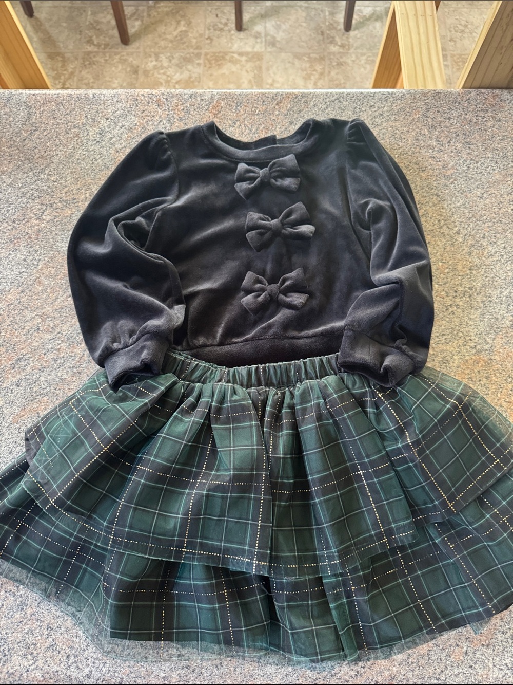cupcakes & cashmere Black Velvet Top with Green Plaid Skirt Set